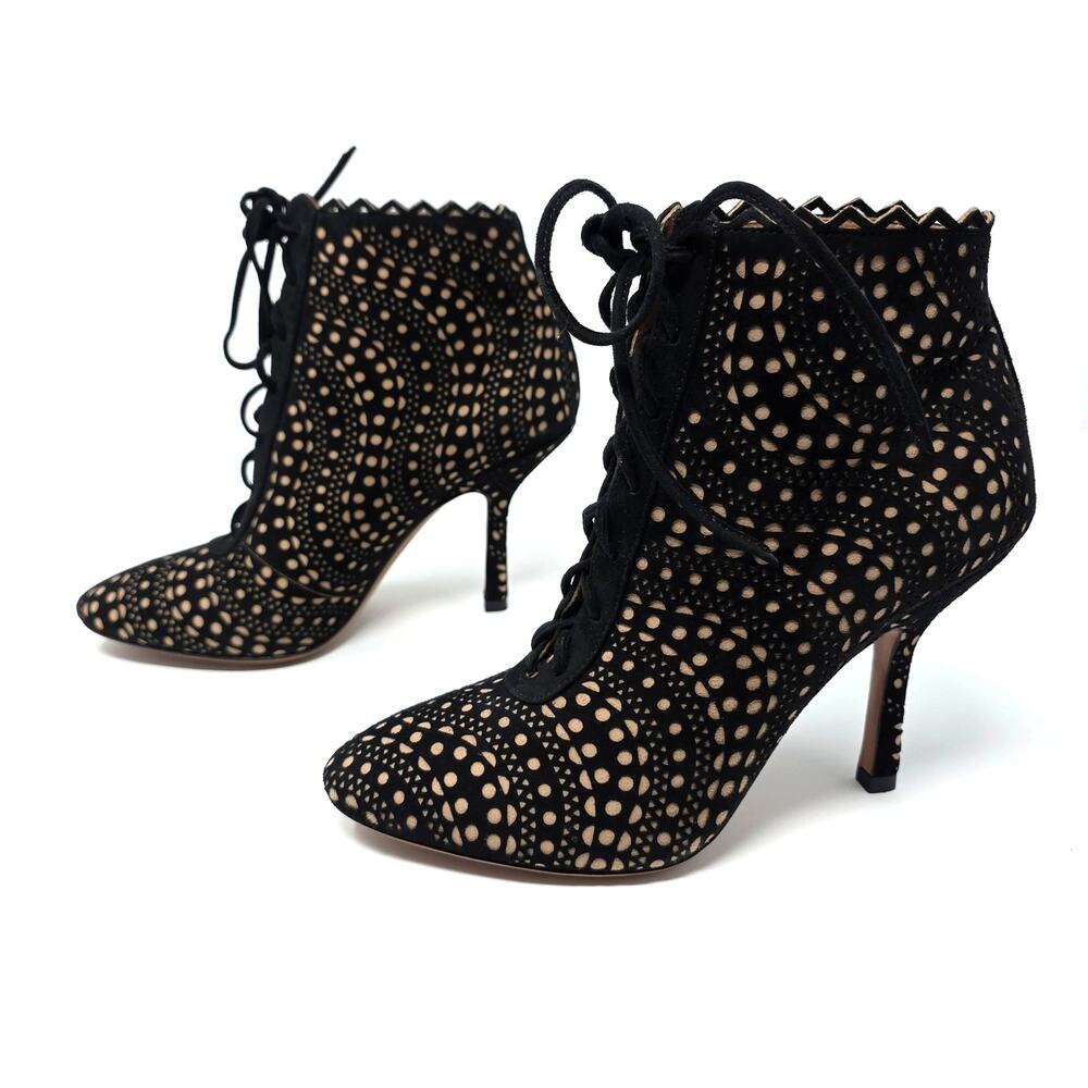 Alaia Ankle Lace Up Booties Black Suede Cutout Boots Heels EU 36.5 US 6.5